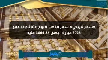 «سعر تاريخي» سعر الذهب اليوم الثلاثاء 13 مايو 2025 عيار 14 يصل 3066.75 جنيه